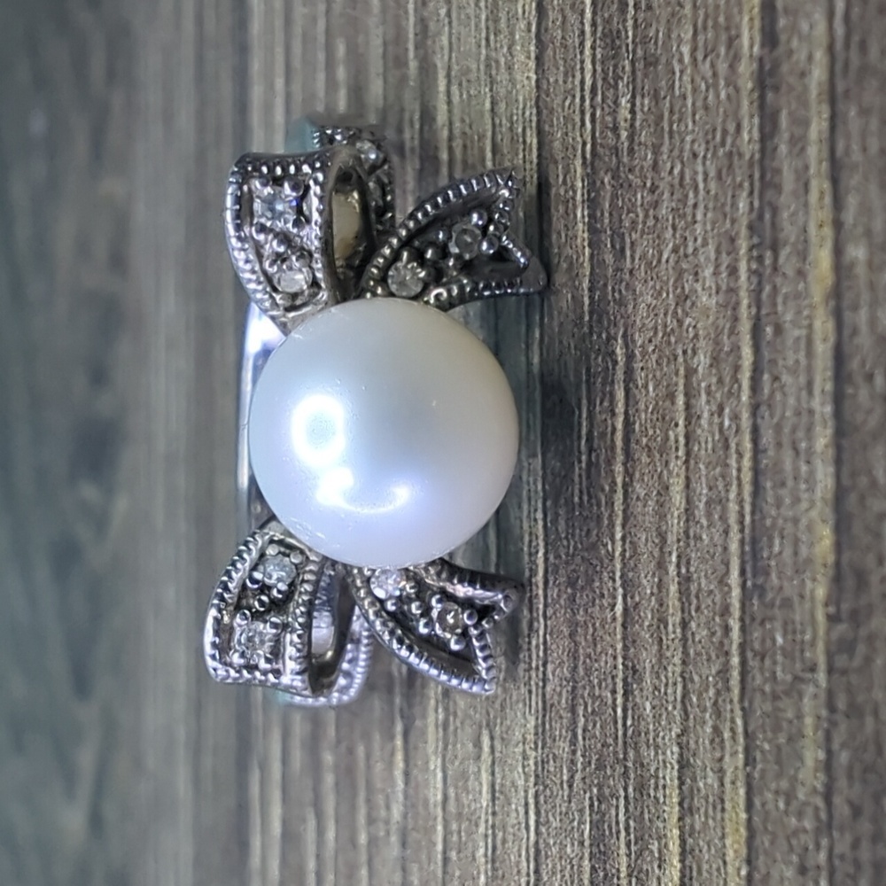Diamond & Pearl 925 Sterling Silver Bow Ring Size 7 - Picture 8 of 14